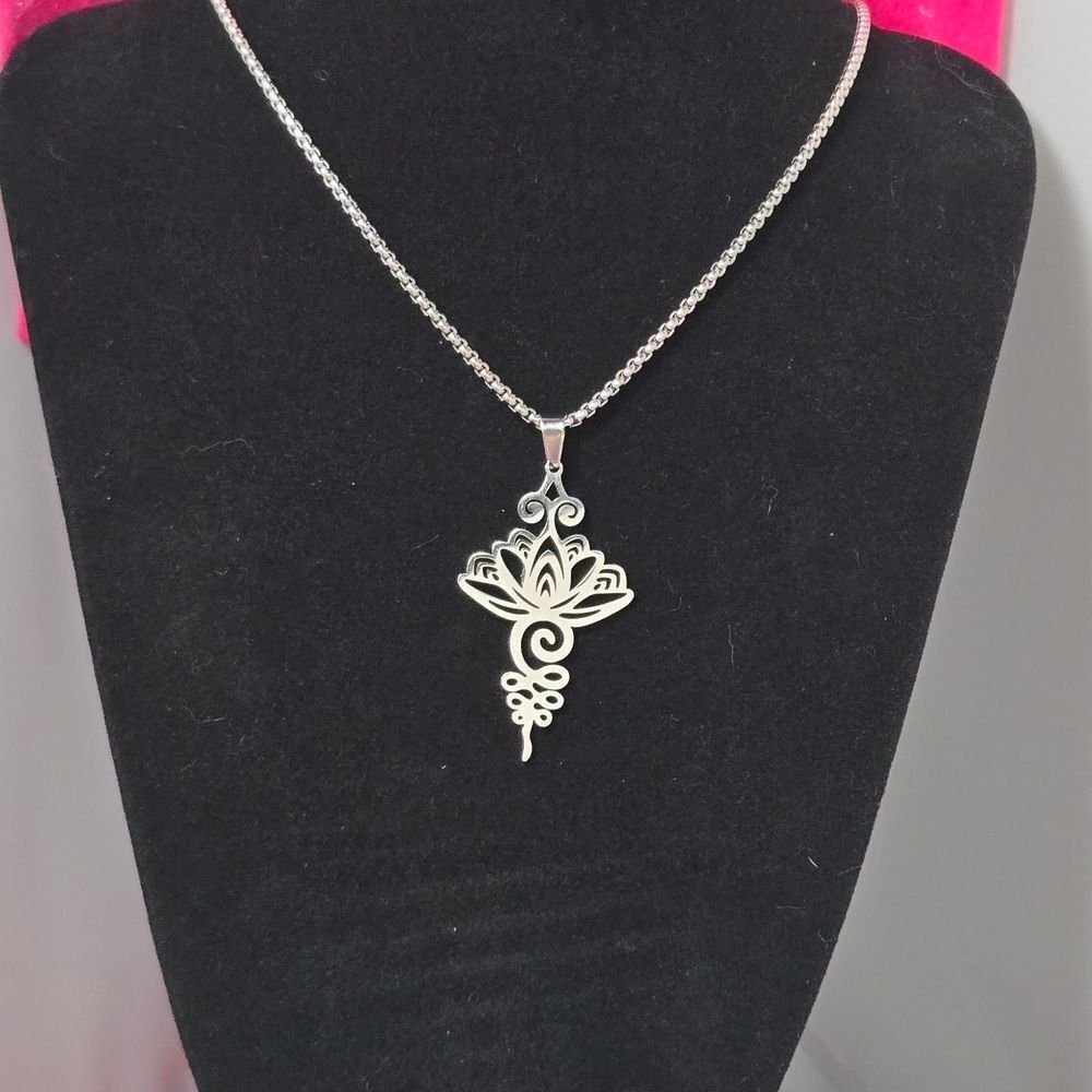 Stainless Steel Lotus Flower Pendant Zen Necklace 24" Box Chain Unisex Amulet